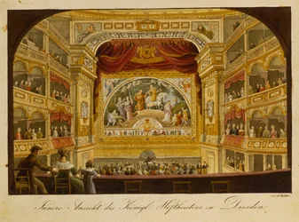 Wnętrze teatru królewskiego w Dreźnie, ok.1845 r. (rycina ręcznie kolorowana)